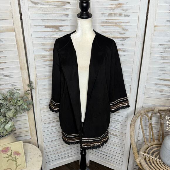 ZARA Women's L Combination Faux Suede Embroidered Jacket Boho Western Black - Picture 3 of 16